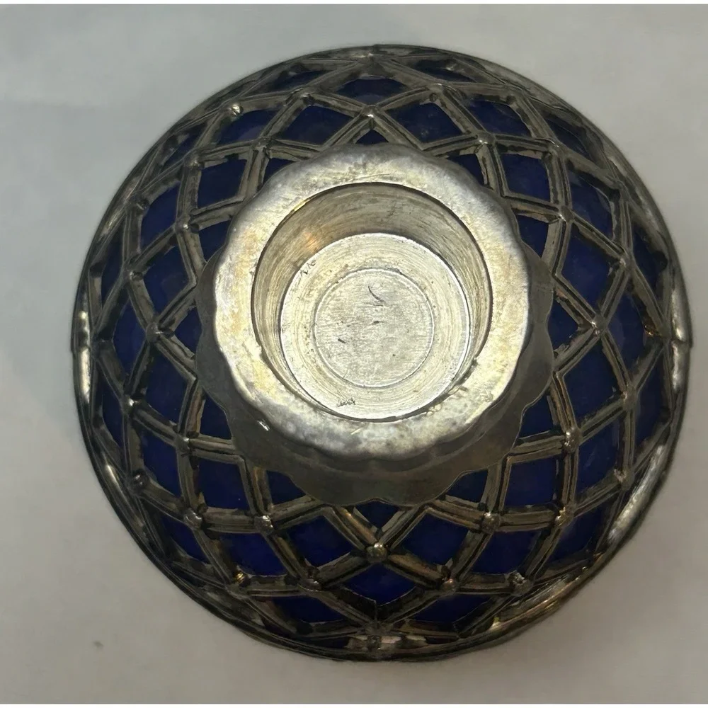 VTG Godinger Blue Glass Ball With Silver Overlay Candleholder